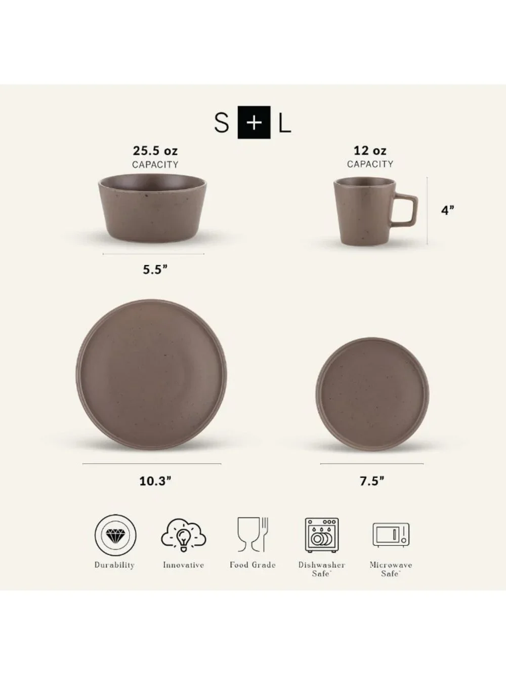 Modern Stoneware 16-Piece Dinnerware Set, Matte Brown Plates & Bowls, Service